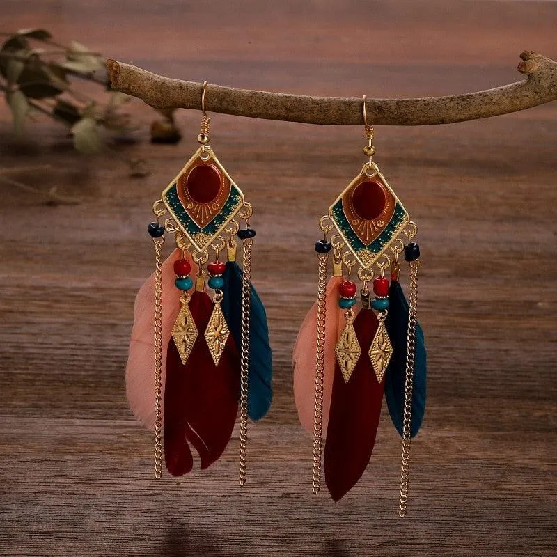 Boho Long Feather Dangle Earrings