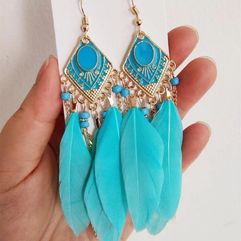 Boho Long Feather Dangle Earrings