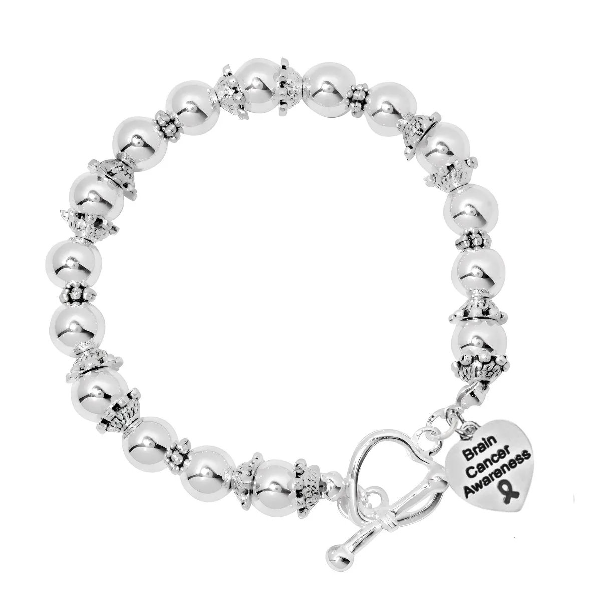 Brain Cancer Heart Awareness Charm Silver Beaded Bracelets