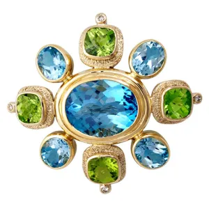 Brooch-Blue Topaz, Peridot and Diamond  (1446H)