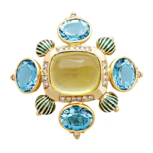 Brooch-Lemon Quartz, Blue Topaz and Diamond (Enamel)  (1818I)