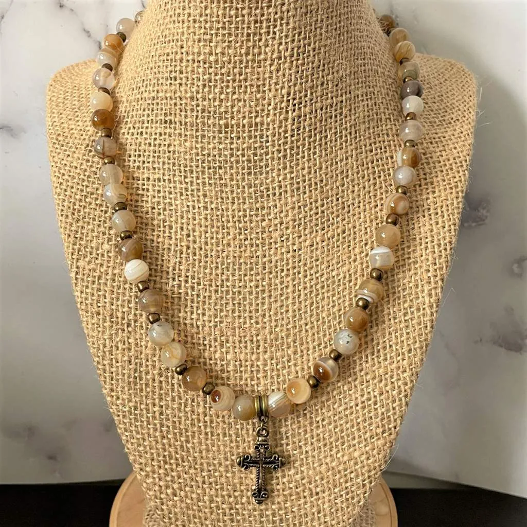 Brown Onyx Mens Beaded Necklace With Gold Cross