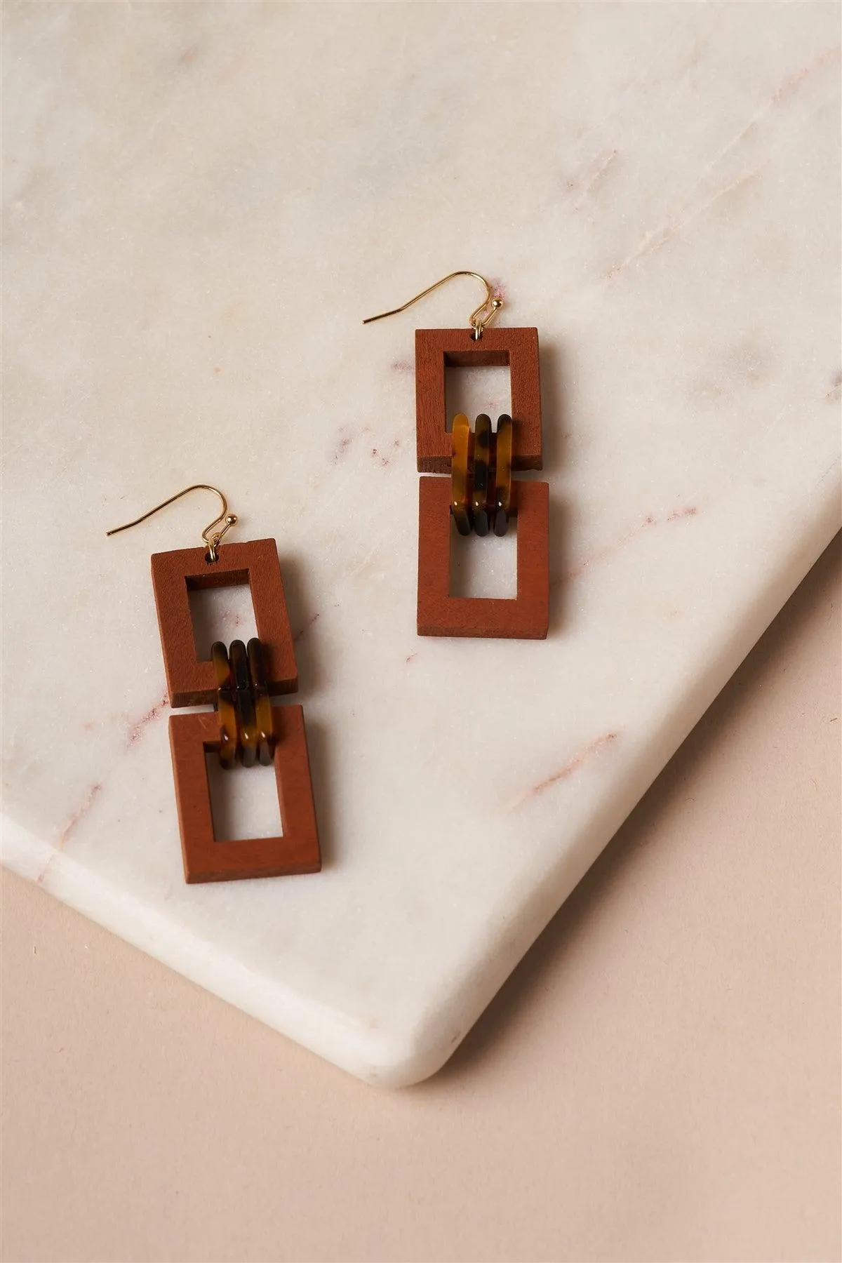 Brown-Wood Square Chain Drop Earrings /6 Pairs