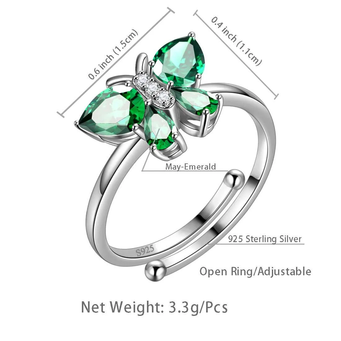 Butterfly Ring Band Birthstone May Emerald Women Girls Jewelry Birthday Gift