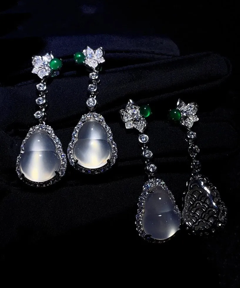 Chic Nude Sterling Silver Inlaid Zircon Jade Gourd Drop Earrings AC1064