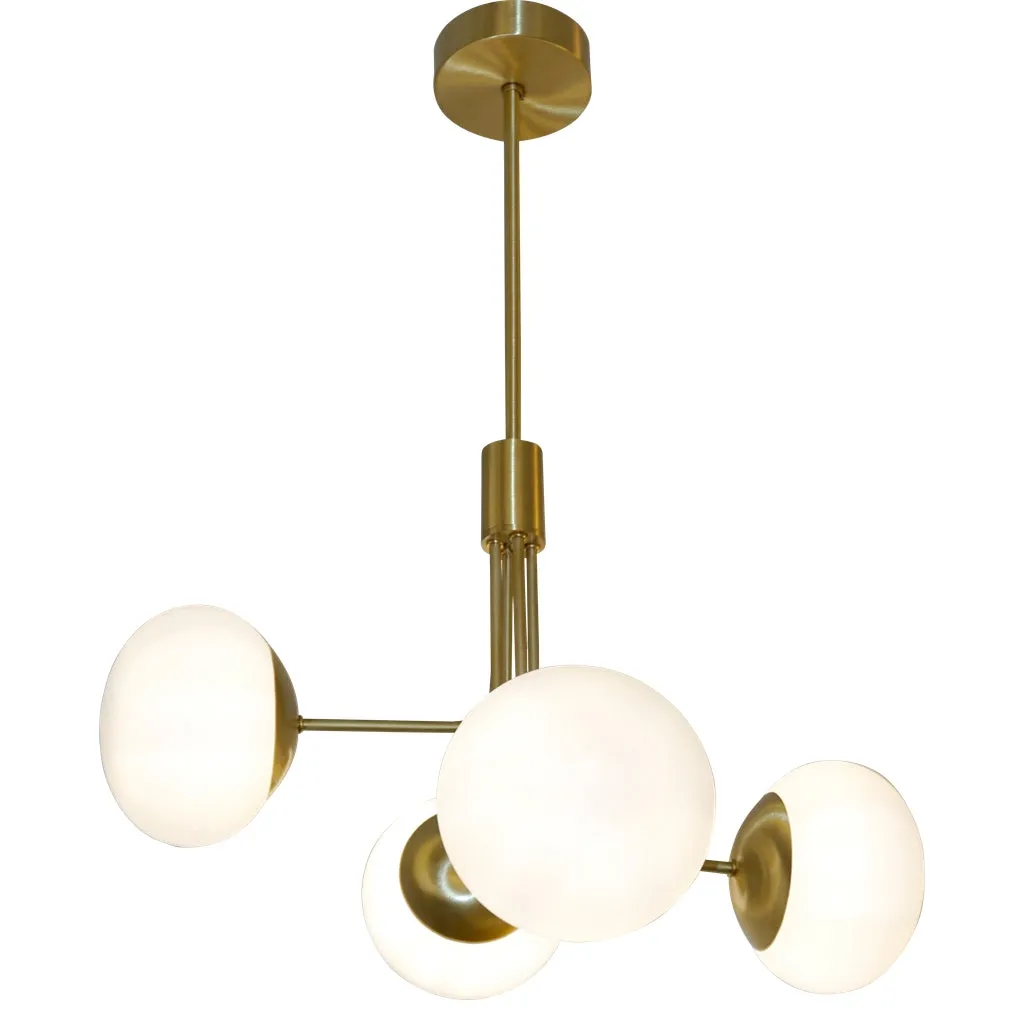 Contemporary Italian Modern Satin Brass & 4 White Murano Glass Globe Chandelier