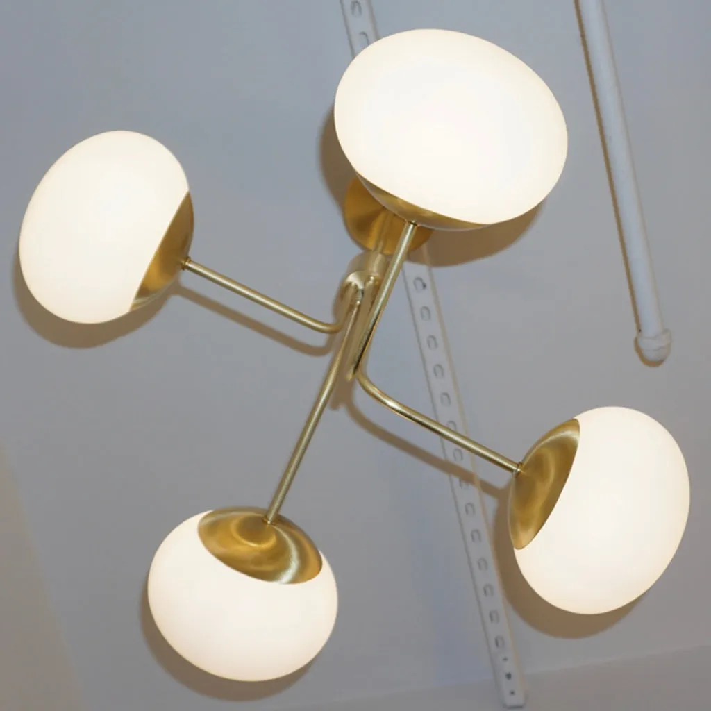 Contemporary Italian Modern Satin Brass & 4 White Murano Glass Globe Chandelier