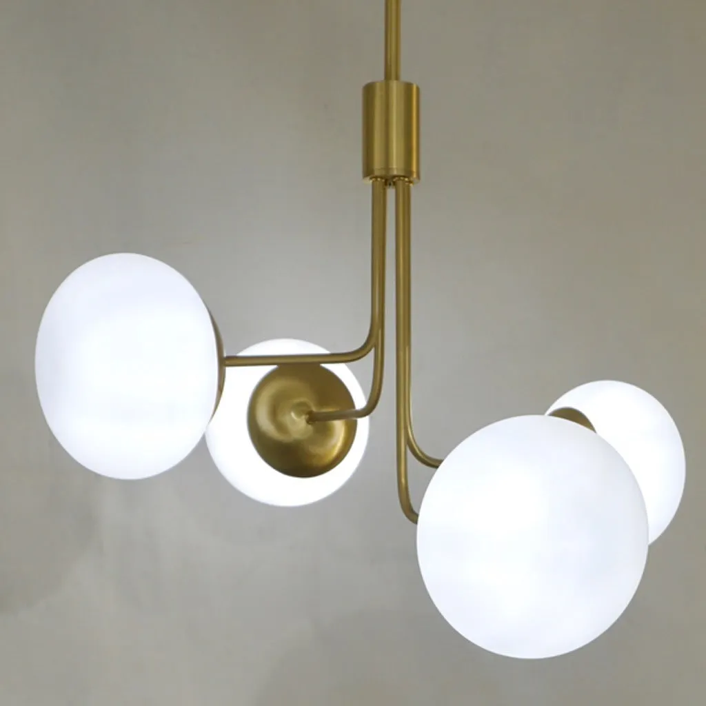 Contemporary Italian Modern Satin Brass & 4 White Murano Glass Globe Chandelier