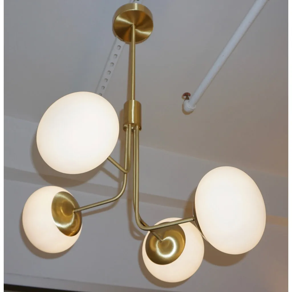 Contemporary Italian Modern Satin Brass & 4 White Murano Glass Globe Chandelier