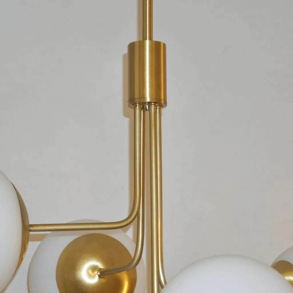 Contemporary Italian Modern Satin Brass & 4 White Murano Glass Globe Chandelier