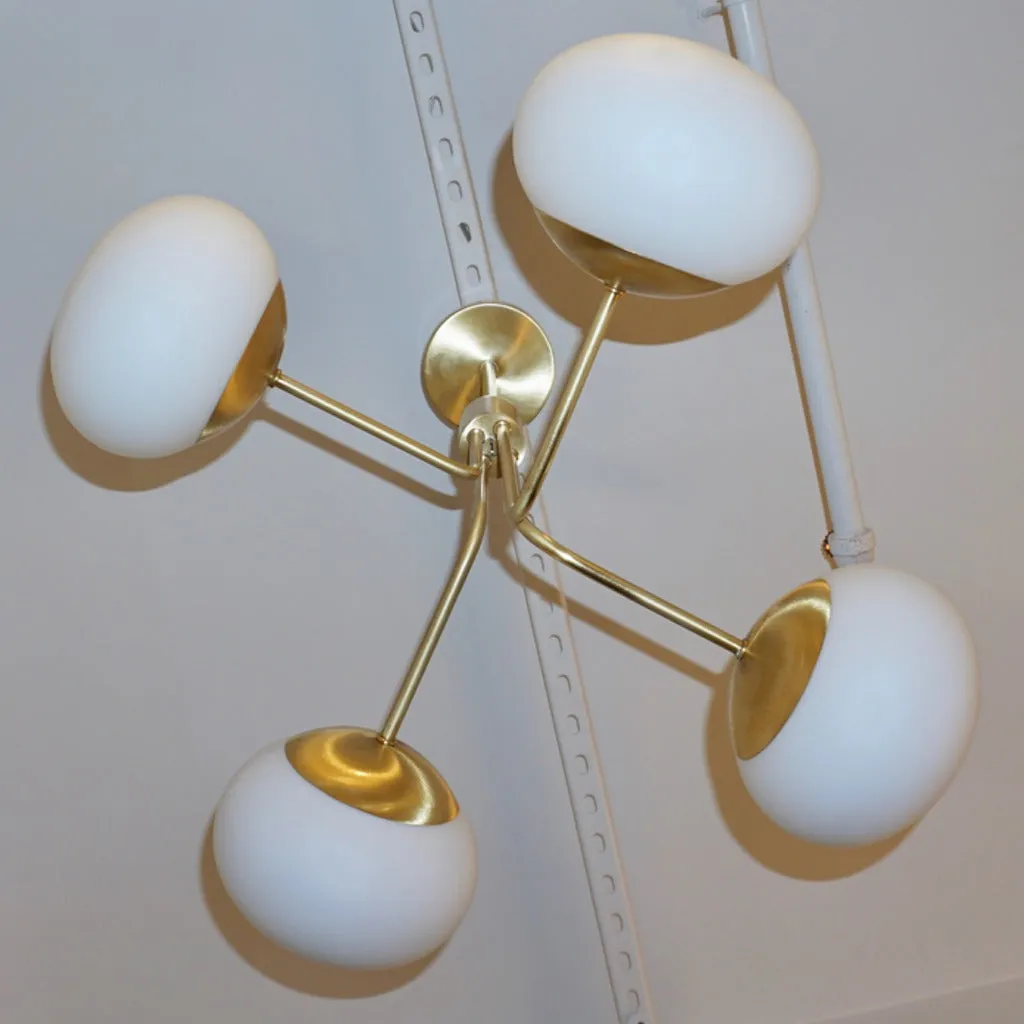 Contemporary Italian Modern Satin Brass & 4 White Murano Glass Globe Chandelier