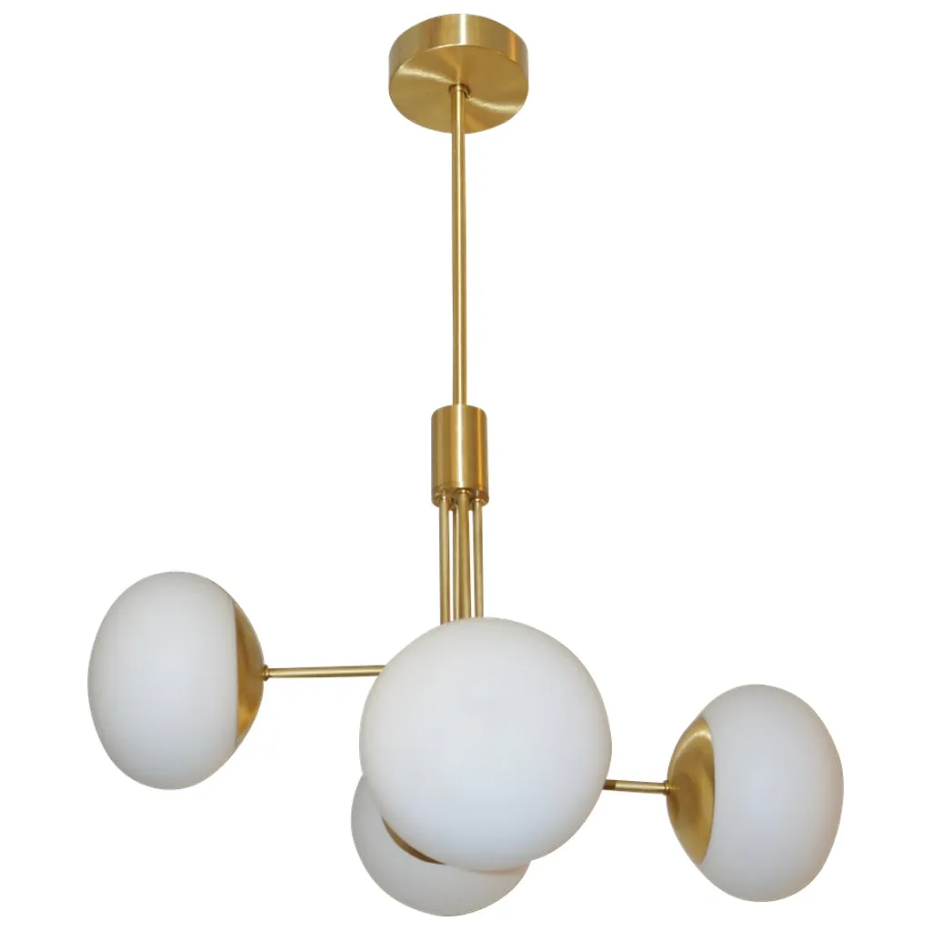 Contemporary Italian Modern Satin Brass & 4 White Murano Glass Globe Chandelier