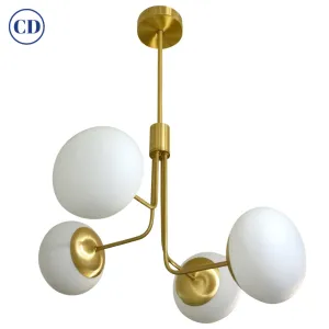 Contemporary Italian Modern Satin Brass & 4 White Murano Glass Globe Chandelier