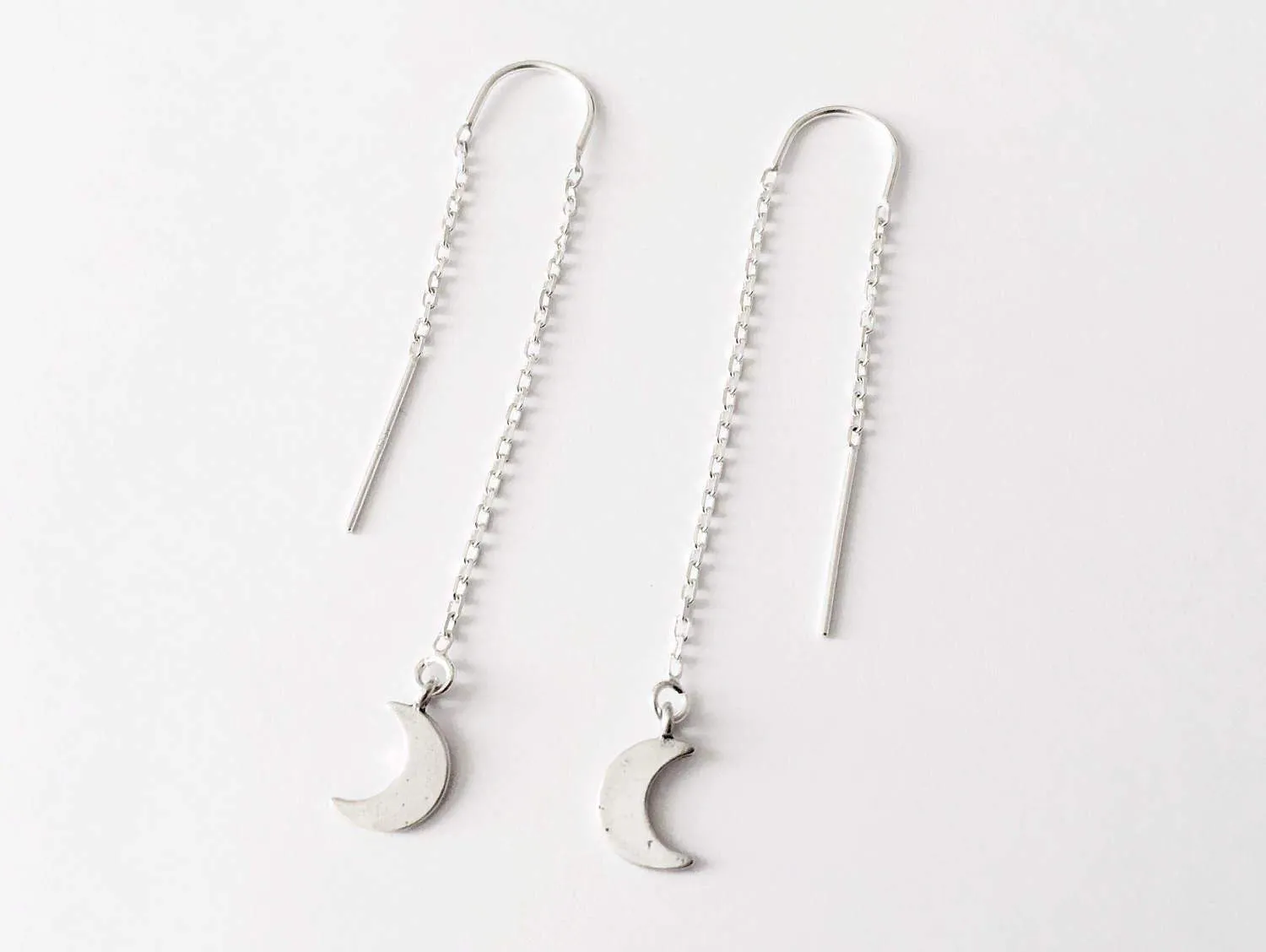 Crescent Moon Threader Earrings in silver