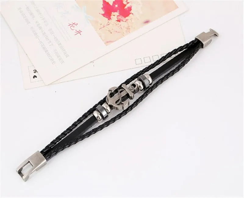 Cuff Leather Bracelets Wrist Band Vintage Punk Rock Fashion Anchor Bracelet Alloy Beads Charm For Men And Women Jewelry