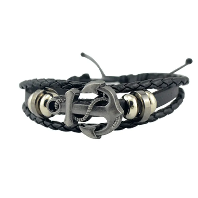 Cuff Leather Bracelets Wrist Band Vintage Punk Rock Fashion Anchor Bracelet Alloy Beads Charm For Men And Women Jewelry