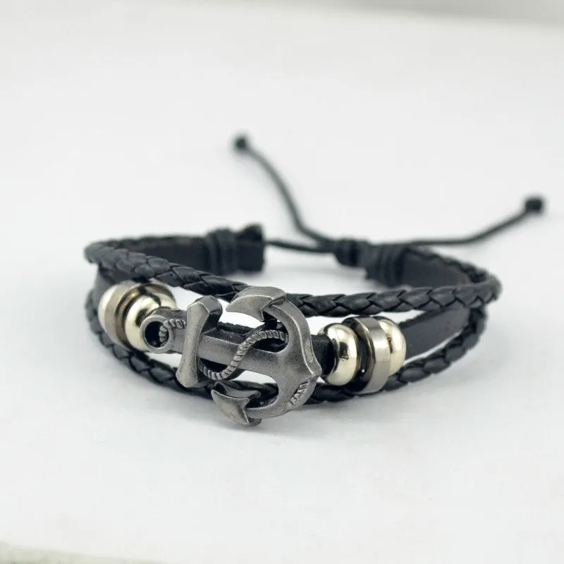 Cuff Leather Bracelets Wrist Band Vintage Punk Rock Fashion Anchor Bracelet Alloy Beads Charm For Men And Women Jewelry