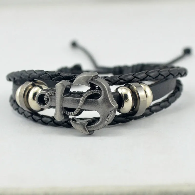 Cuff Leather Bracelets Wrist Band Vintage Punk Rock Fashion Anchor Bracelet Alloy Beads Charm For Men And Women Jewelry