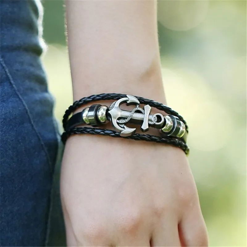 Cuff Leather Bracelets Wrist Band Vintage Punk Rock Fashion Anchor Bracelet Alloy Beads Charm For Men And Women Jewelry