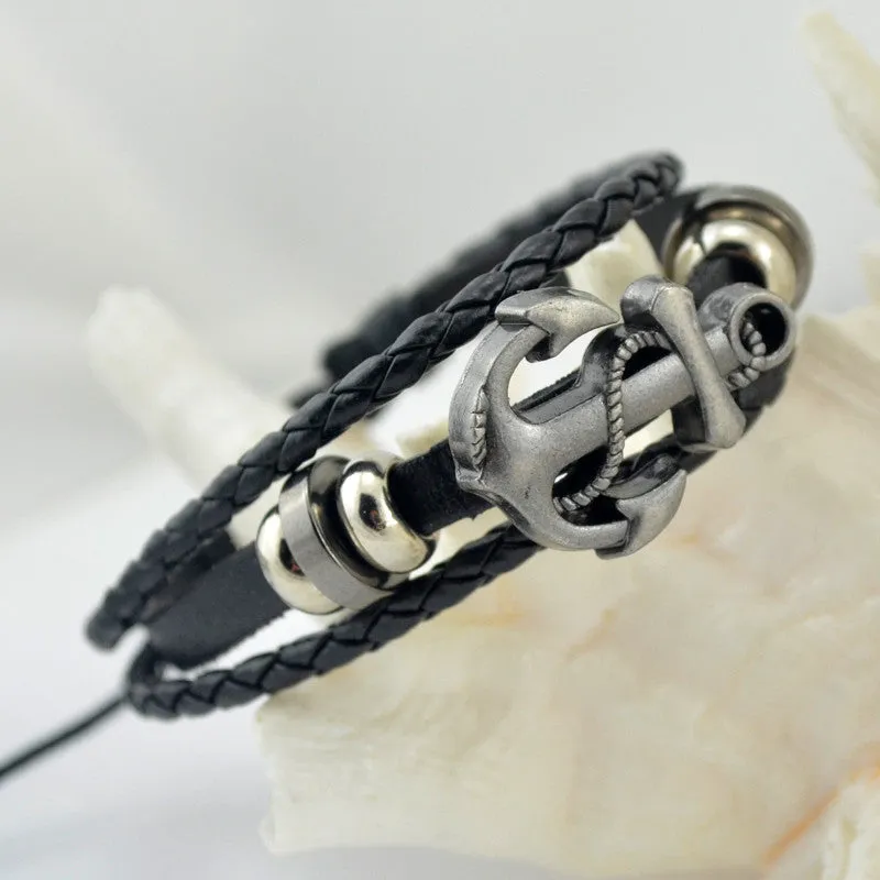 Cuff Leather Bracelets Wrist Band Vintage Punk Rock Fashion Anchor Bracelet Alloy Beads Charm For Men And Women Jewelry