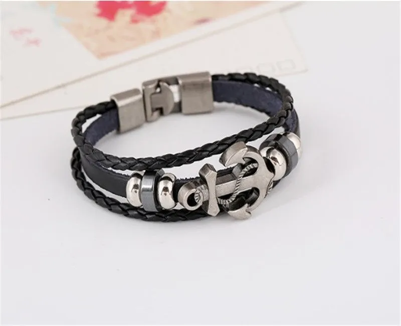 Cuff Leather Bracelets Wrist Band Vintage Punk Rock Fashion Anchor Bracelet Alloy Beads Charm For Men And Women Jewelry