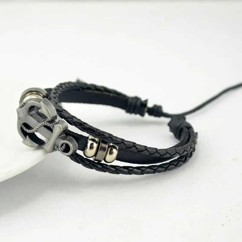 Cuff Leather Bracelets Wrist Band Vintage Punk Rock Fashion Anchor Bracelet Alloy Beads Charm For Men And Women Jewelry