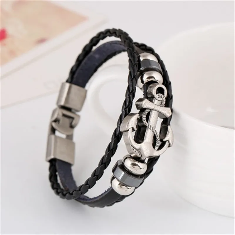 Cuff Leather Bracelets Wrist Band Vintage Punk Rock Fashion Anchor Bracelet Alloy Beads Charm For Men And Women Jewelry