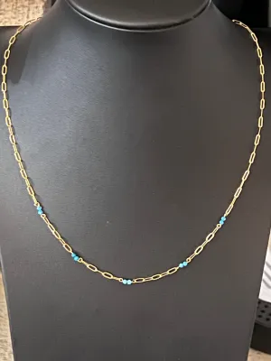 Dainty Gold Paper Clip w/Turquoise Beads Necklace