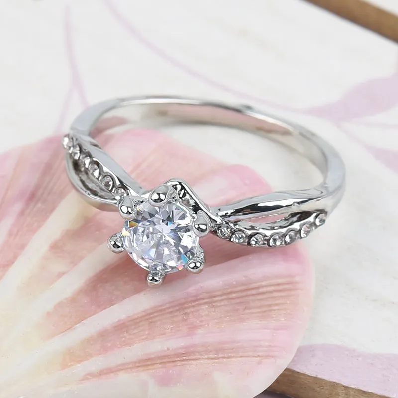 Exquisite White Glass Filled Glass Filledia Wedding Rings / Charm  Silver Color Engagement Ring