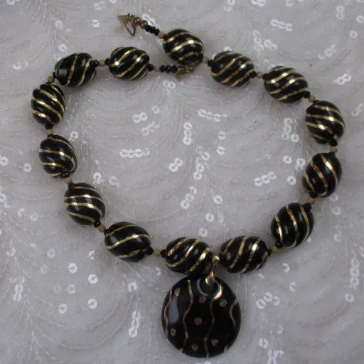 Fair Trade Statement  Kazuri  Necklace with  Black and Gold Pendant