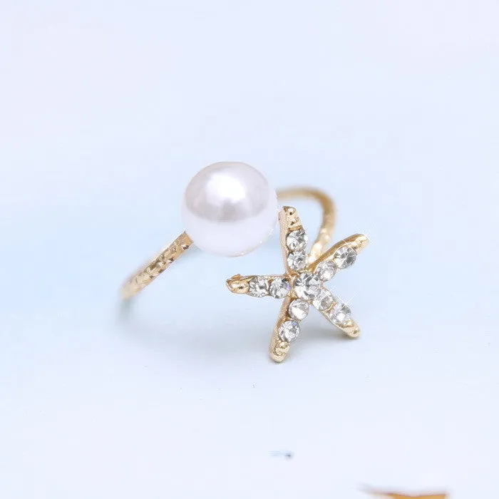 Fashion jewelry starfish imitation pearl rings gold ring women jewlery Open cuff Ring Animal Star Adjustable Crystal Rhinestone