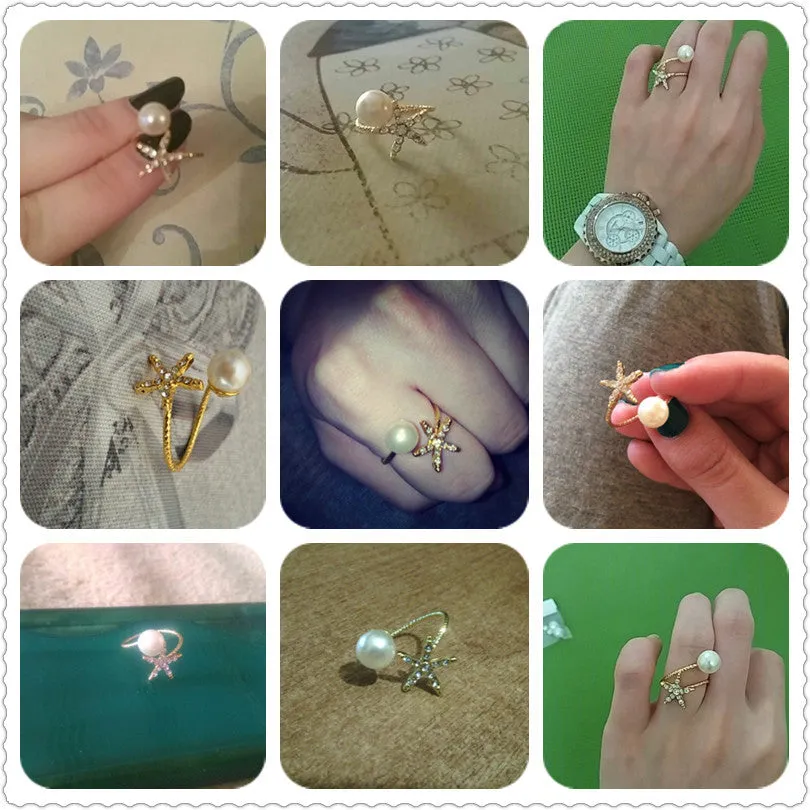 Fashion jewelry starfish imitation pearl rings gold ring women jewlery Open cuff Ring Animal Star Adjustable Crystal Rhinestone