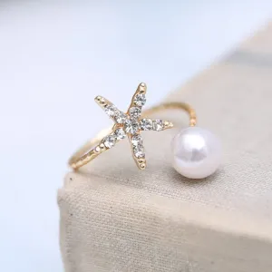 Fashion jewelry starfish imitation pearl rings gold ring women jewlery Open cuff Ring Animal Star Adjustable Crystal Rhinestone