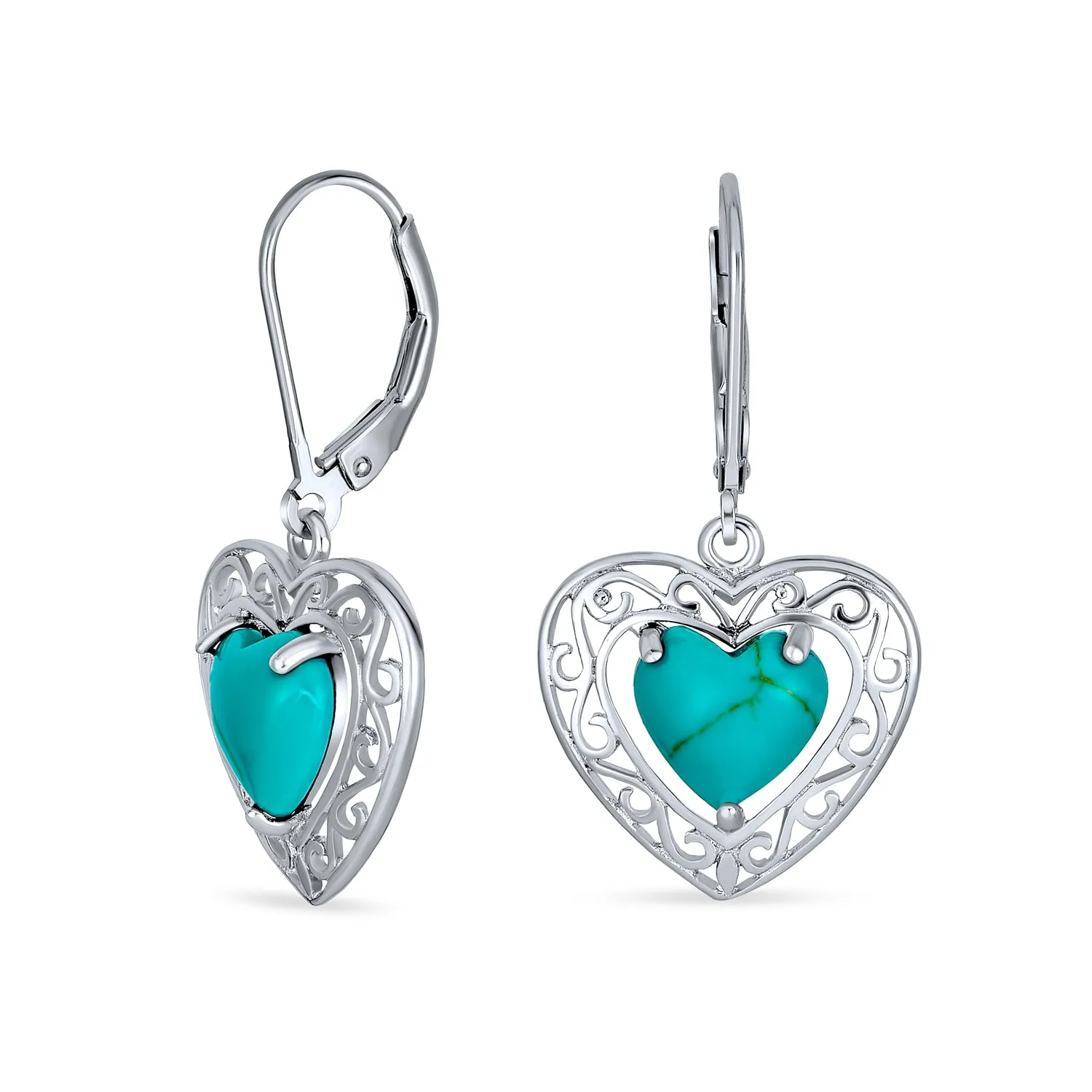 Gemstone Scroll Filigree Turquoise Heart Dangle Earrings .925 Silver