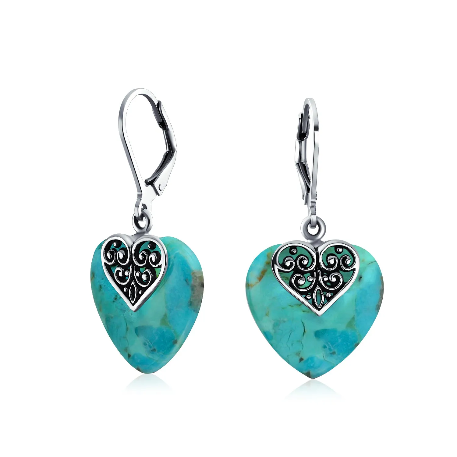 Gemstone Scroll Filigree Turquoise Heart Dangle Earrings .925 Silver