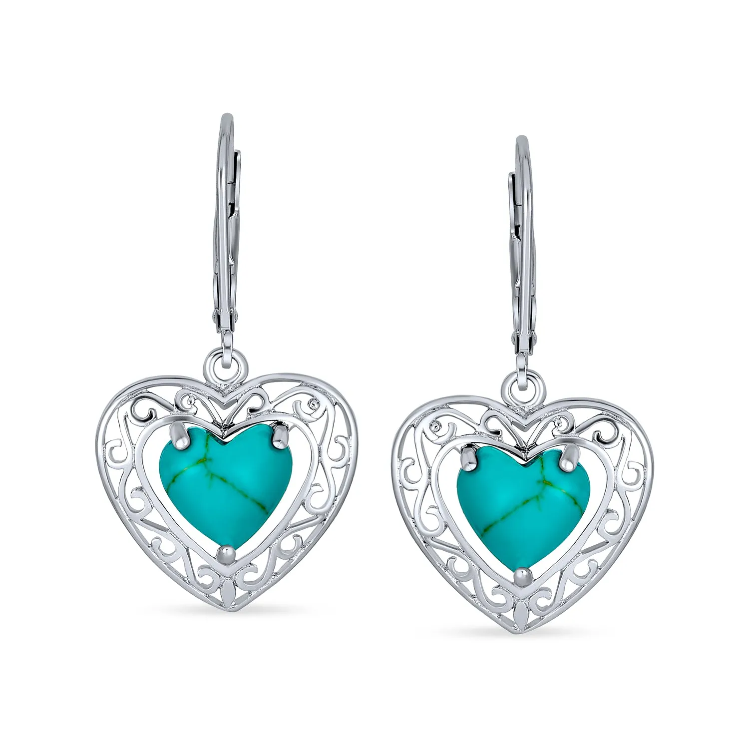 Gemstone Scroll Filigree Turquoise Heart Dangle Earrings .925 Silver