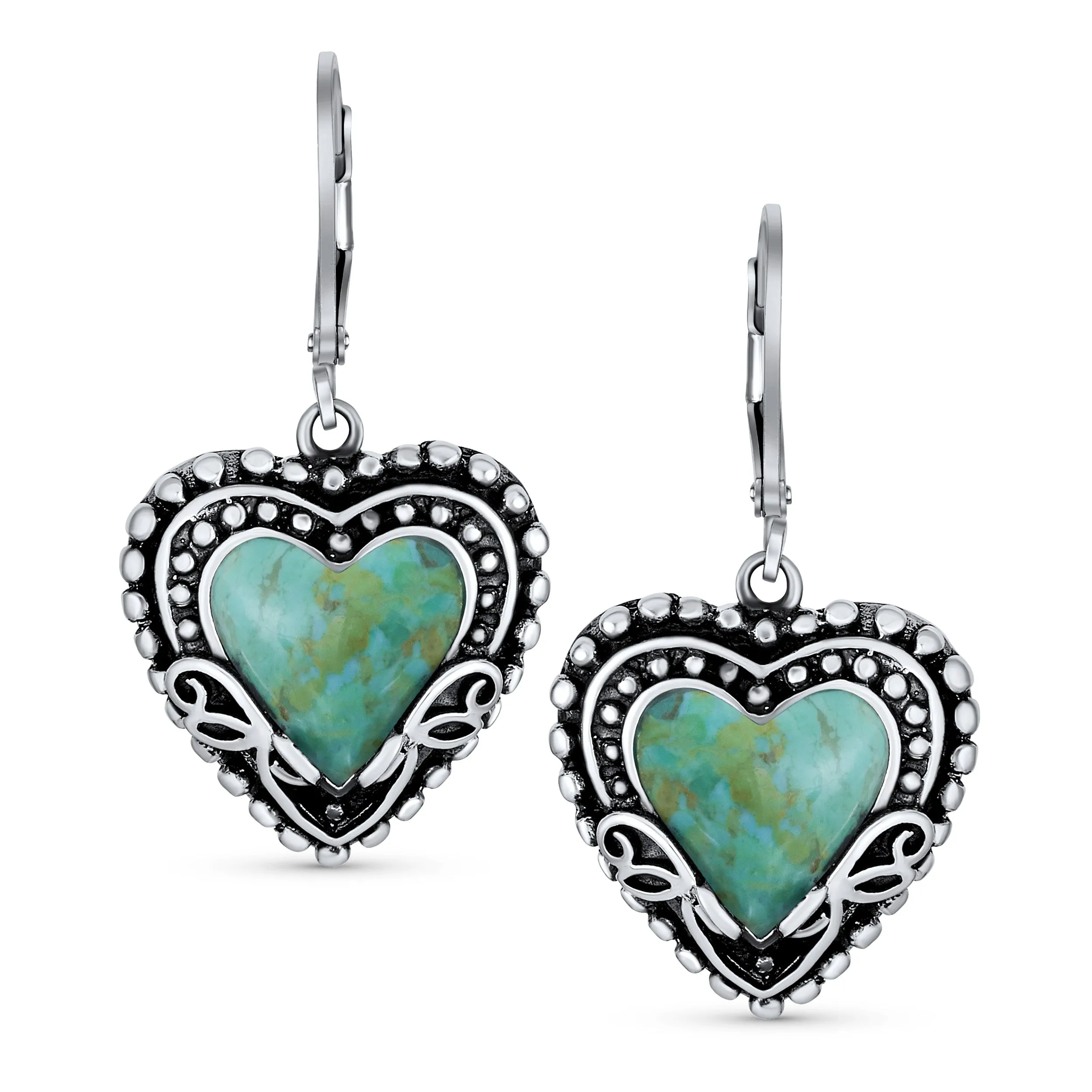 Gemstone Scroll Filigree Turquoise Heart Dangle Earrings .925 Silver