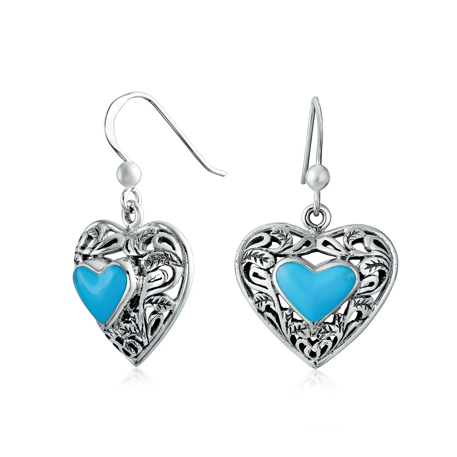 Gemstone Scroll Filigree Turquoise Heart Dangle Earrings .925 Silver