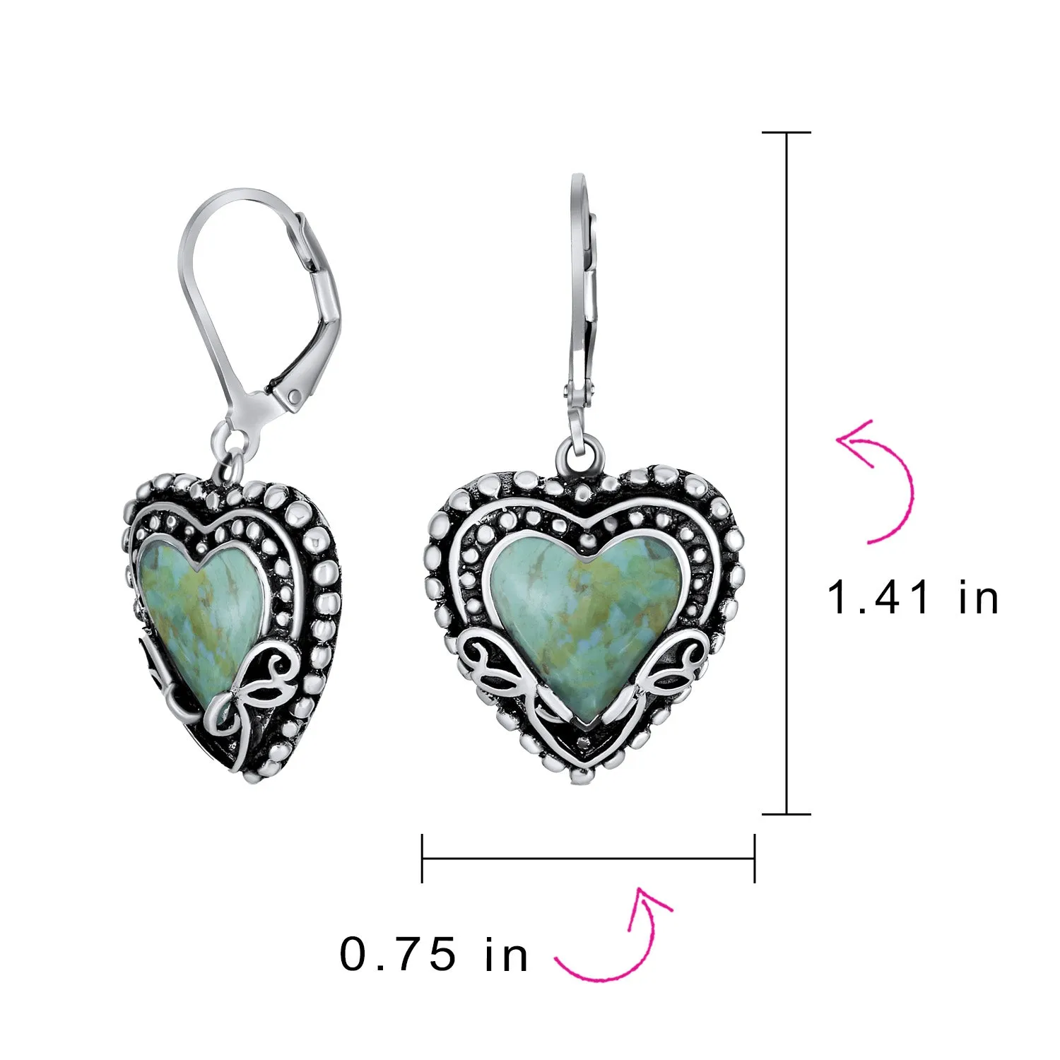 Gemstone Scroll Filigree Turquoise Heart Dangle Earrings .925 Silver