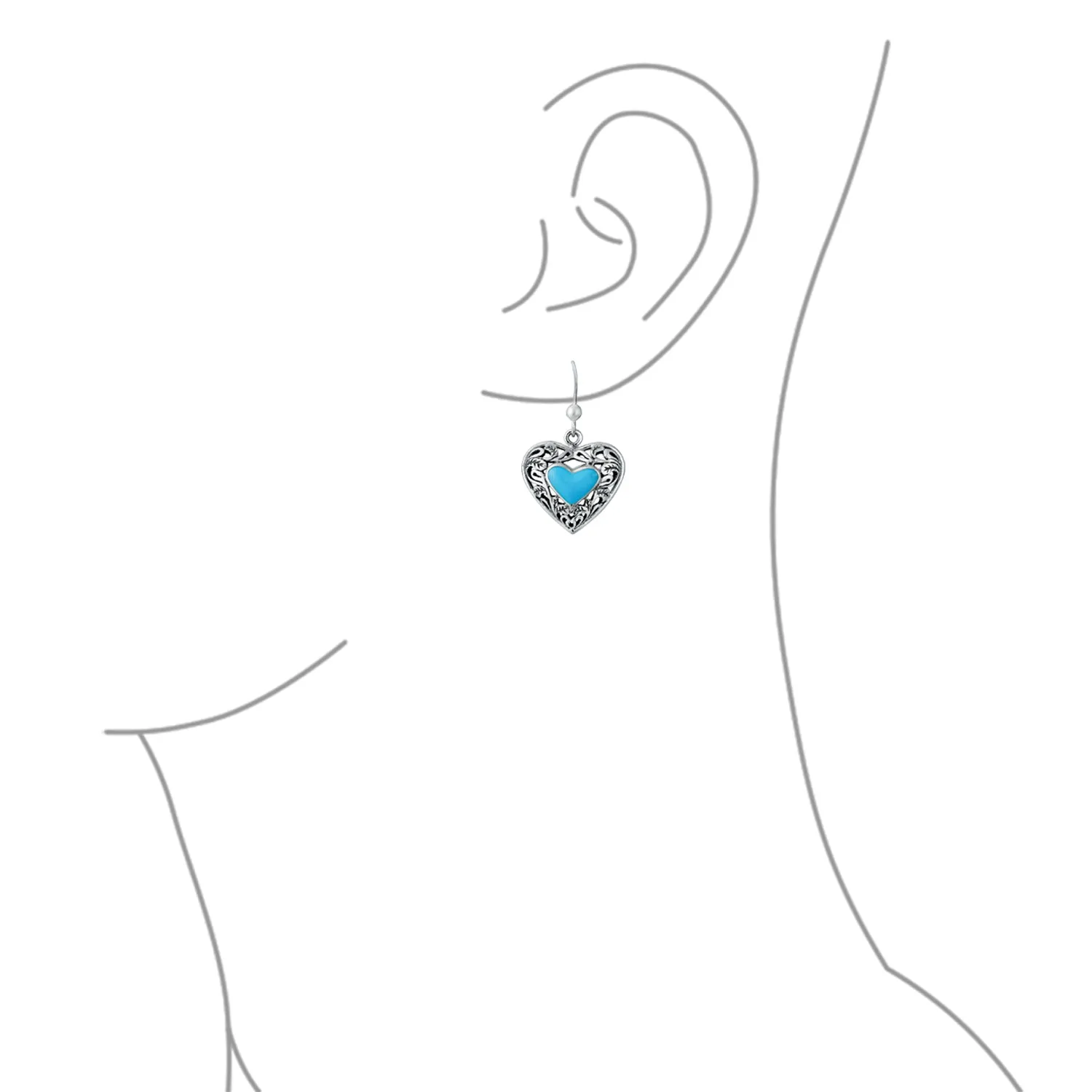 Gemstone Scroll Filigree Turquoise Heart Dangle Earrings .925 Silver