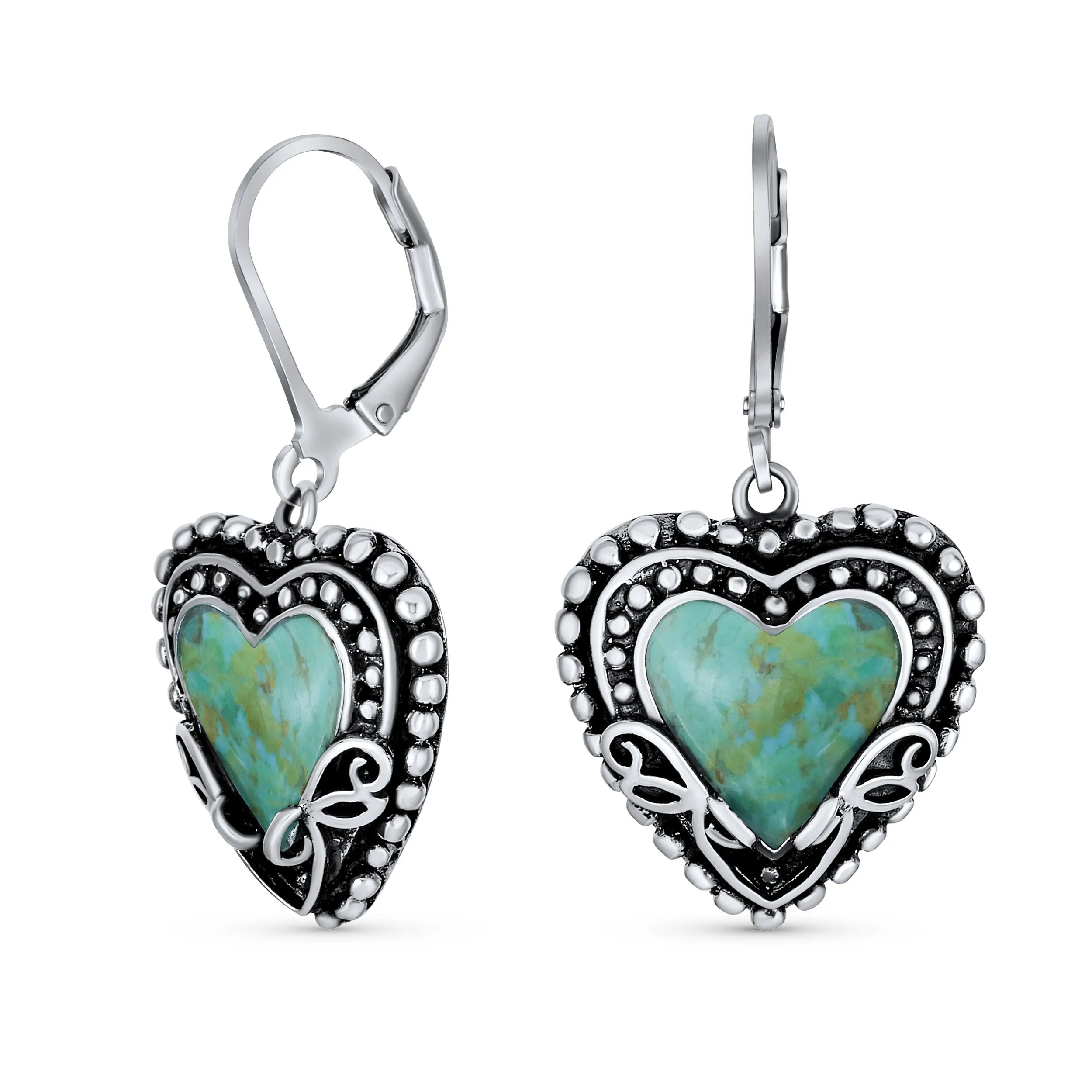 Gemstone Scroll Filigree Turquoise Heart Dangle Earrings .925 Silver