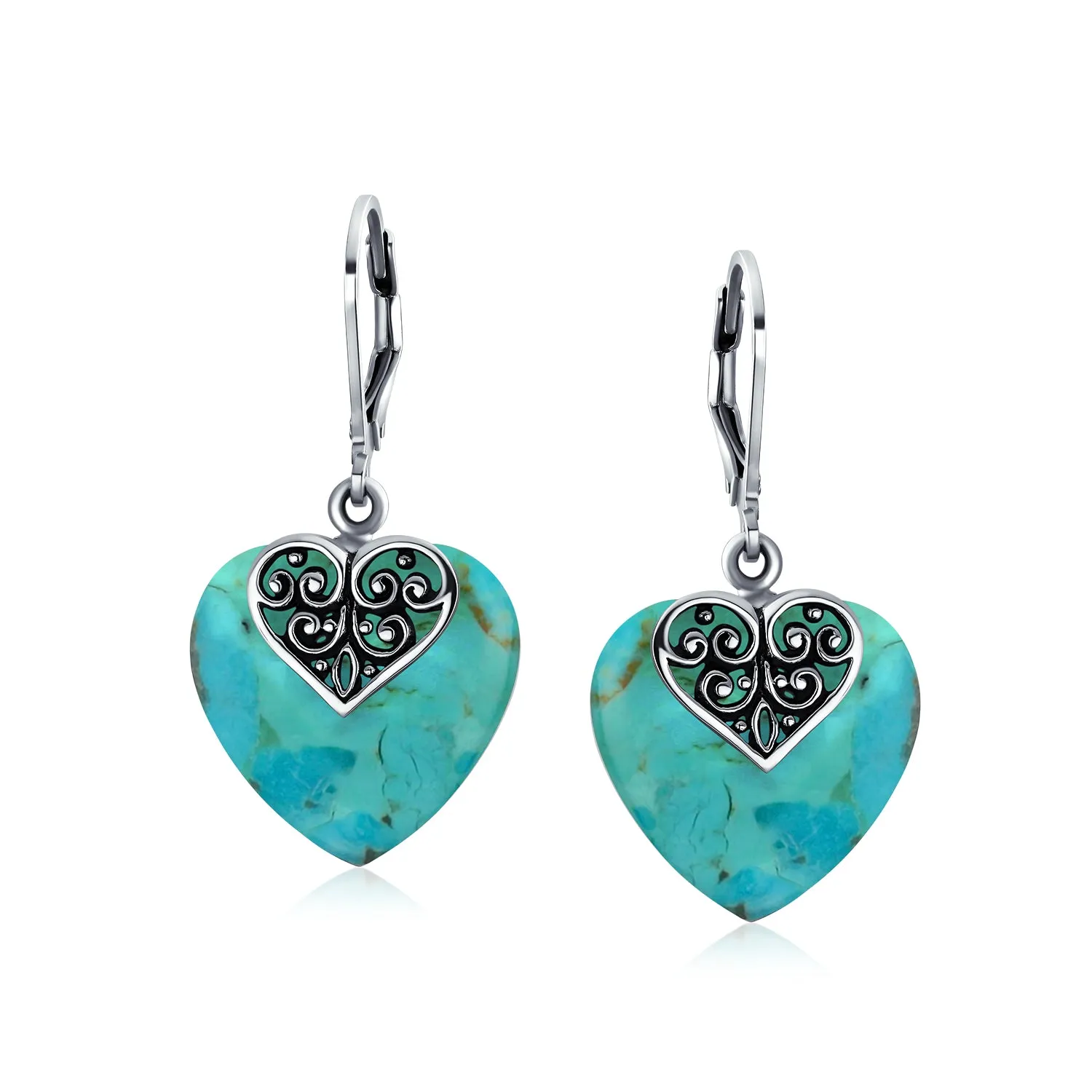 Gemstone Scroll Filigree Turquoise Heart Dangle Earrings .925 Silver