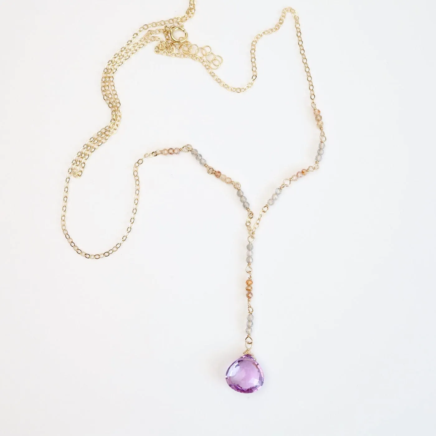 Gold Filled Long "Y" drop Necklace with Pink Amethyst