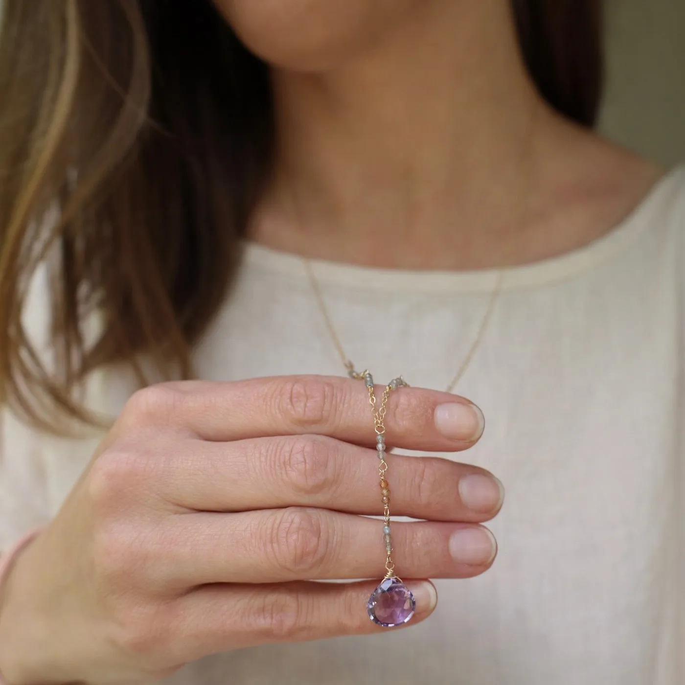 Gold Filled Long "Y" drop Necklace with Pink Amethyst