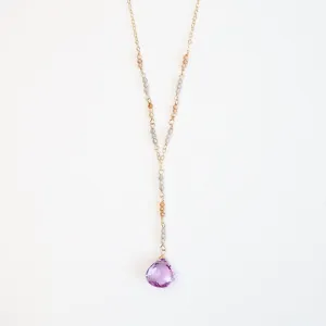 Gold Filled Long "Y" drop Necklace with Pink Amethyst