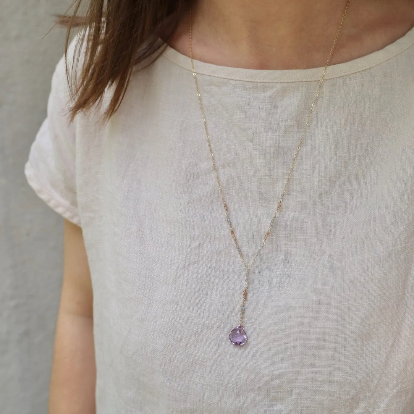 Gold Filled Long "Y" drop Necklace with Pink Amethyst