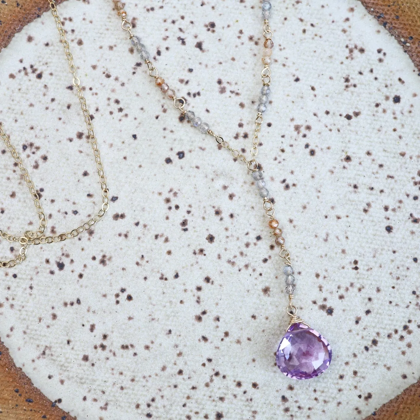 Gold Filled Long "Y" drop Necklace with Pink Amethyst