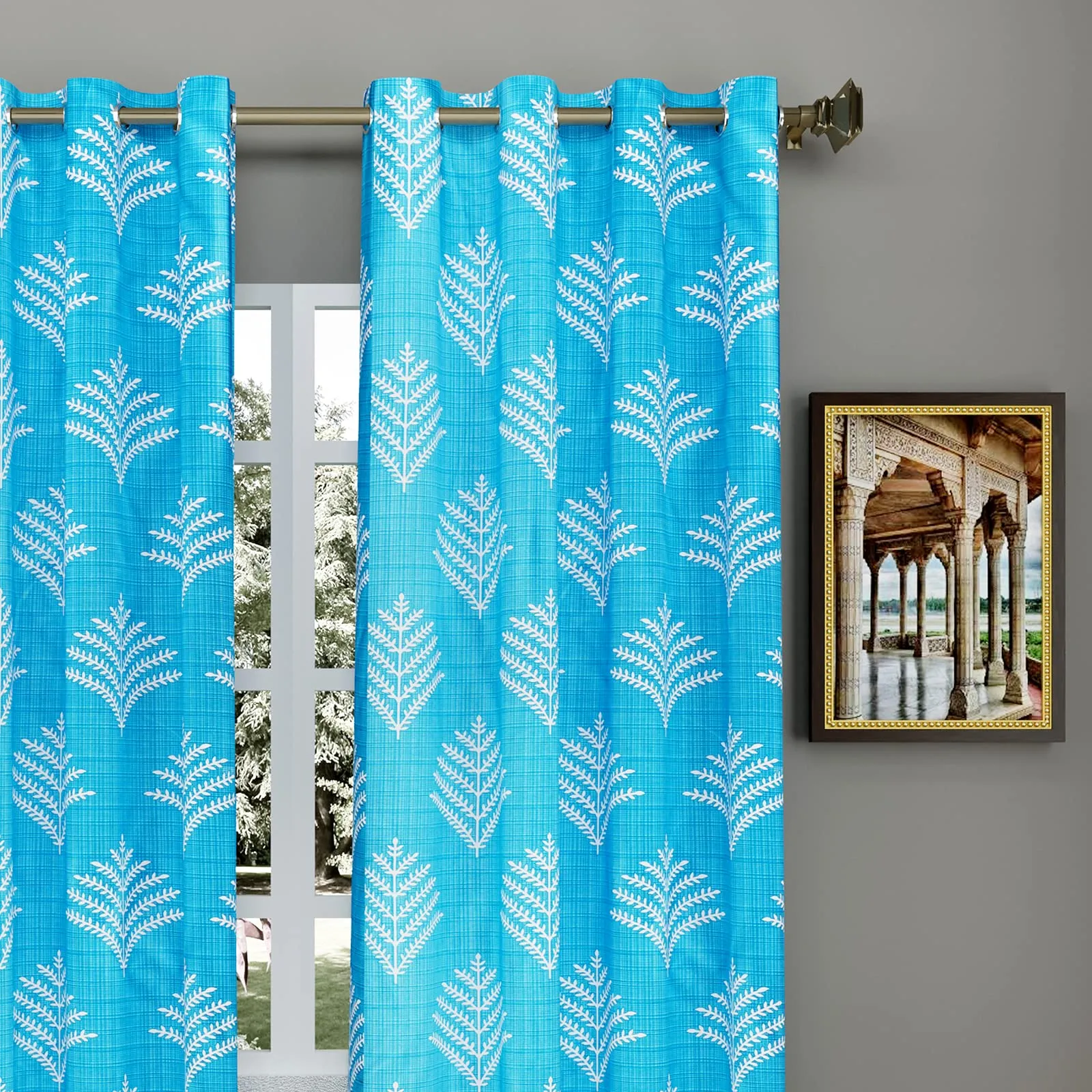 Heart Home Leaf Printed 7 ft Door Curtain for Living Room, Bed Room, Kids Room with 8 Eyelet- Pack of 2 (Blue)-Hs43Hearth25591(Polyester_Blue)