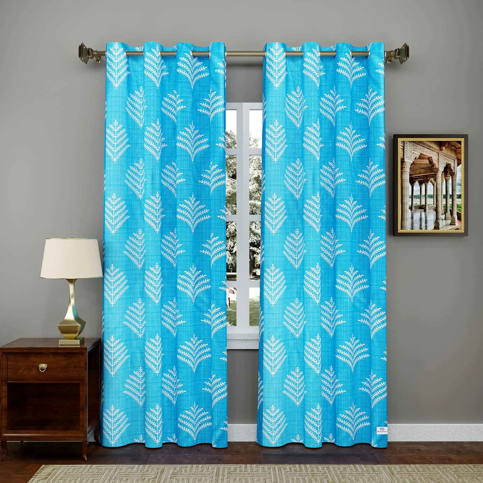 Heart Home Leaf Printed 7 ft Door Curtain for Living Room, Bed Room, Kids Room with 8 Eyelet- Pack of 2 (Blue)-Hs43Hearth25591(Polyester_Blue)