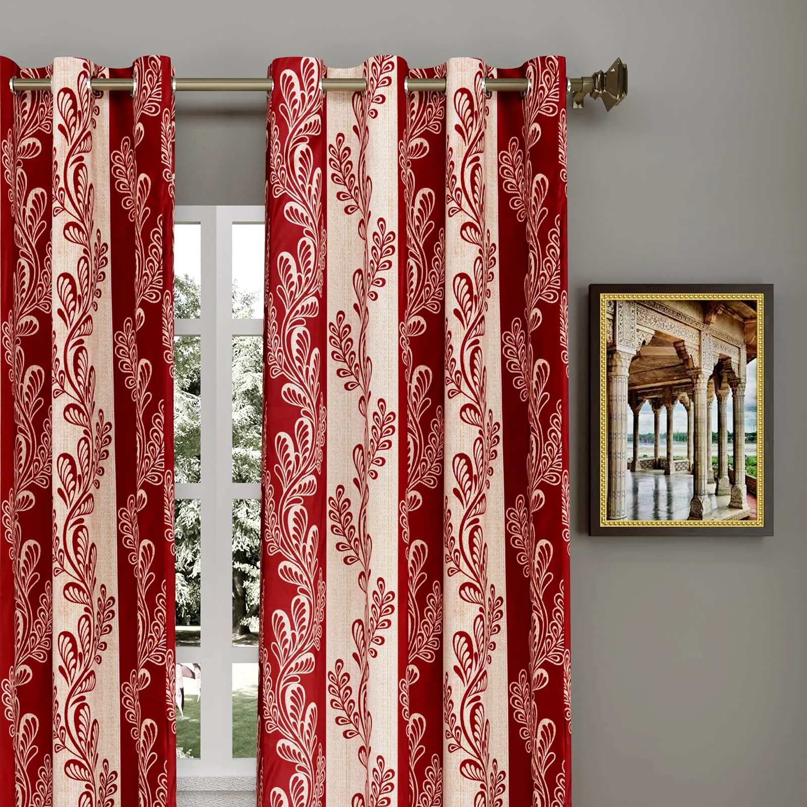 Heart Home Leaf Printed 7 ft Door Curtain for Living Room, Bed Room, Kids Room with 8 Eyelet- Pack of 2 (Maroon)-Hs43Hearth25595(Polyester_Red)